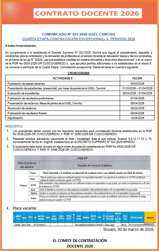 Comunicado N° 021-2026-UGEL CANCHIS CUARTA ETAPA-CONTRATACIÓN EXCEPCIONAL- 3- PERIODO 2026